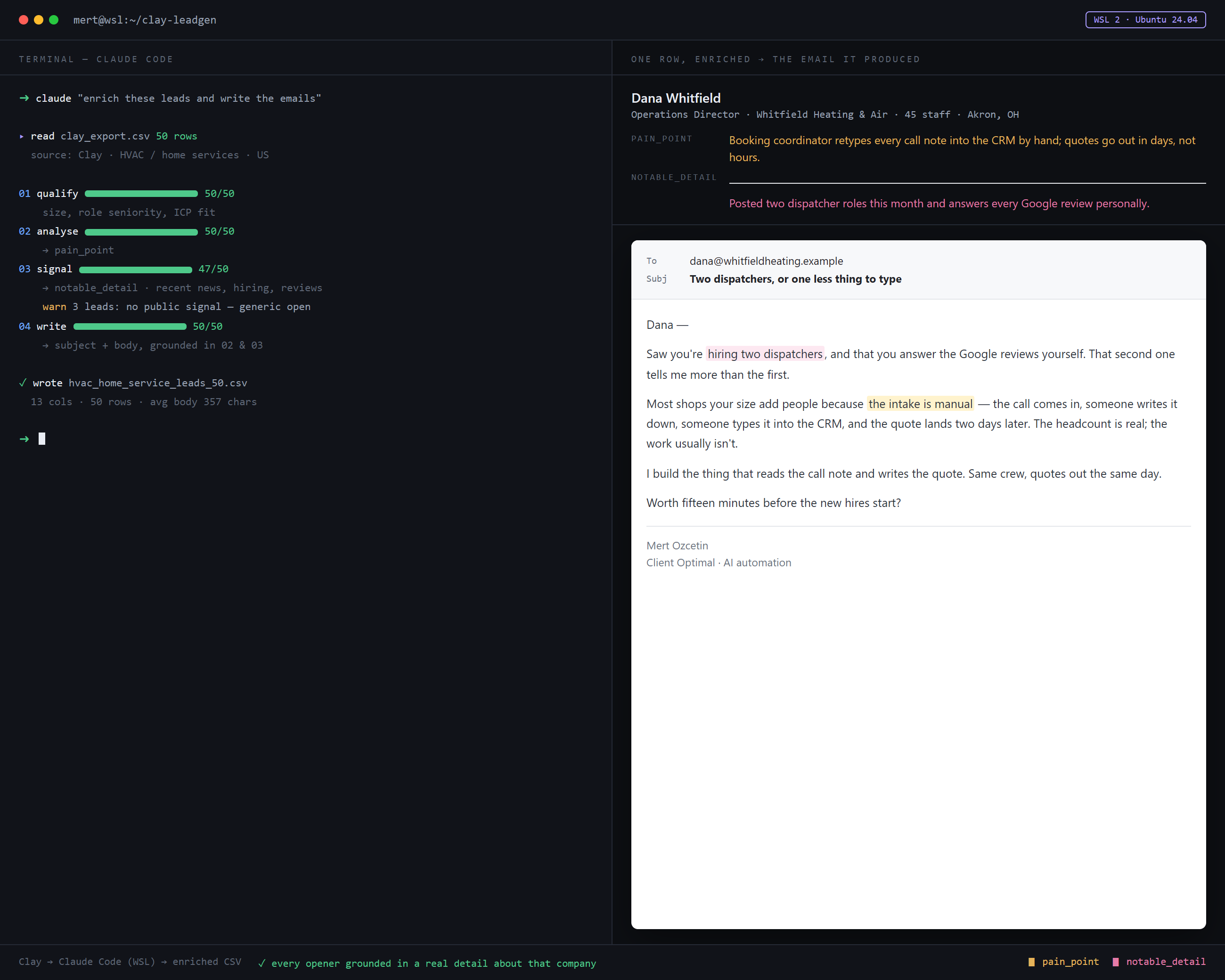 Clay → Claude cold-email pipeline — real artifact