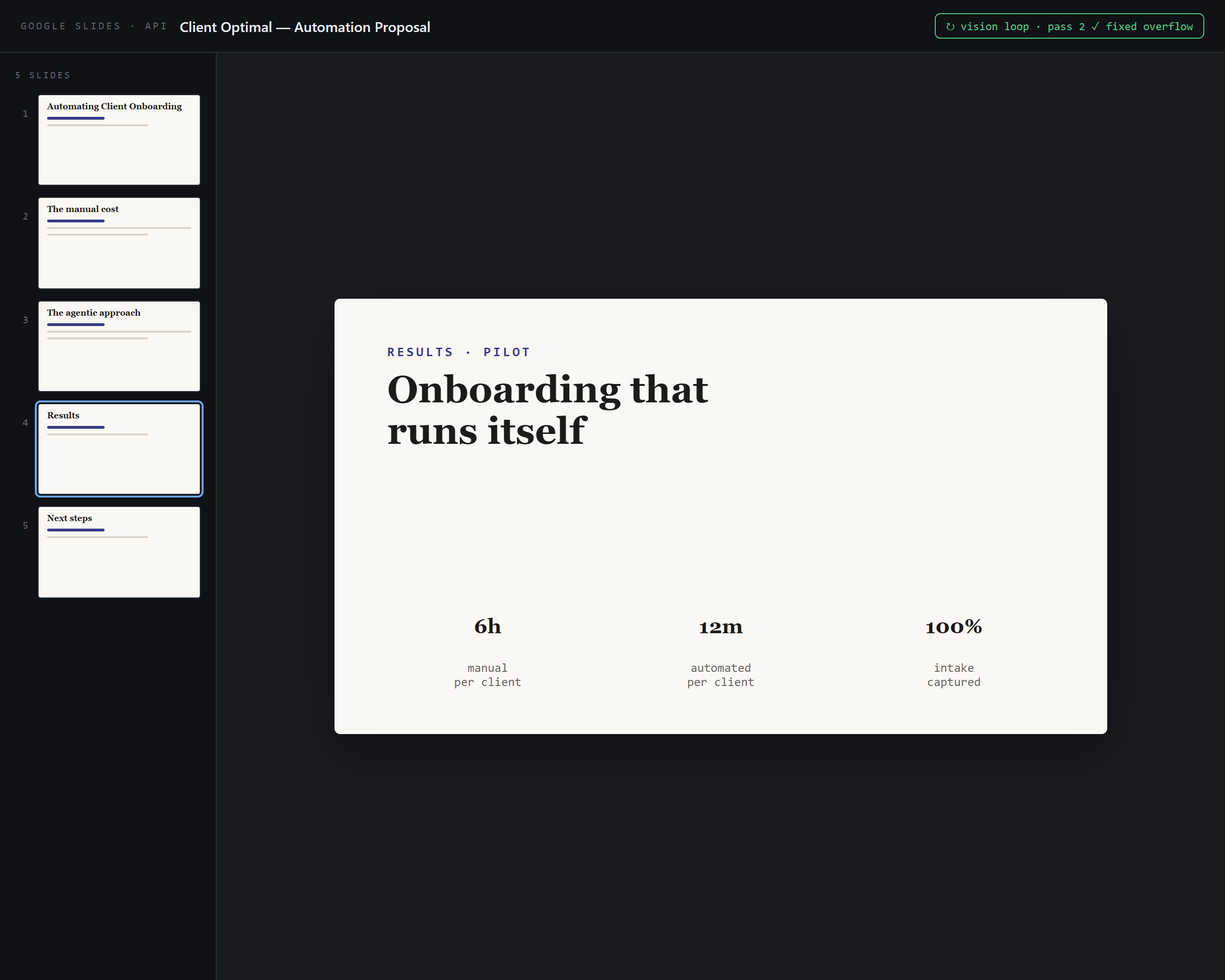 Slide Builder with a vision loop — real artifact